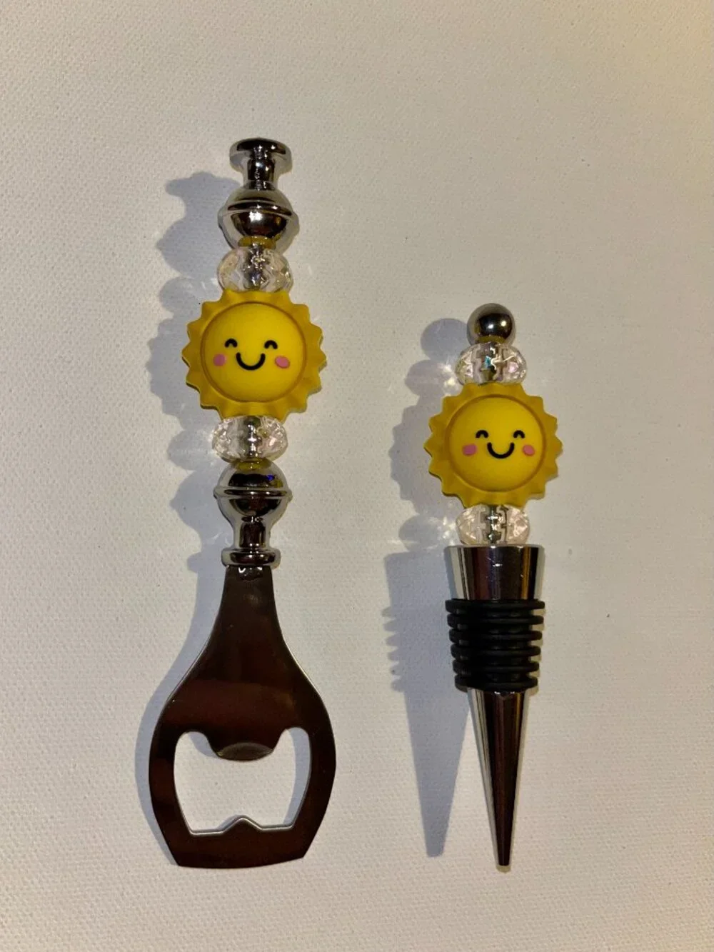 Wine Stopper/Bottle Opener Set Featuring Happyface Suns w/Clear Sparkly Accents